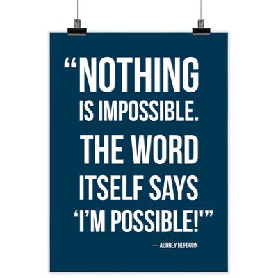 Arte de Parede Motivacional "Nothing Is Impossible" - Audrey Hepburn, Azul, 1 Unidade - Inkdotpot 20,32 Cm × 25,4 Cm / Moldura Branca