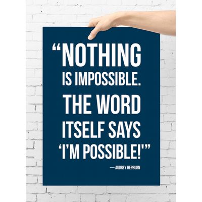 Arte de Parede Motivacional "Nothing Is Impossible" - Audrey Hepburn, Azul, 1 Unidade - Inkdotpot 20,32 Cm × 25,4 Cm / Moldura Branca