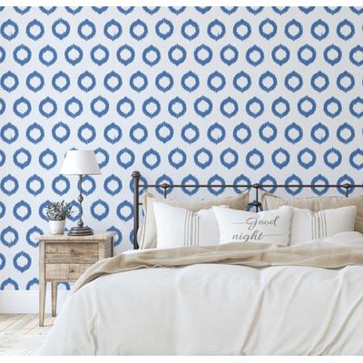 Papel de Parede Adesivo Vinil Ikat Círculos Urbano Chique, Impermeável Azul, Removível para Quarto e Sala - S4Sassy 63,5 cm (L) × 152,4 cm (C) / Azul - Vinil Texturizado