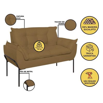 Sofá Namoradeira Base Metal Preta Reforçada Tecido Suede Capuccino