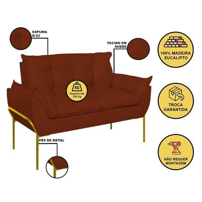 Sofá Namoradeira Base Metal Dourada Reforçada Tecido Suede Terracota