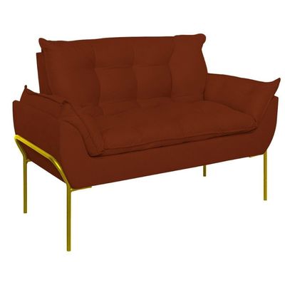 Sofá Namoradeira Base Metal Dourada Reforçada Tecido Suede Terracota