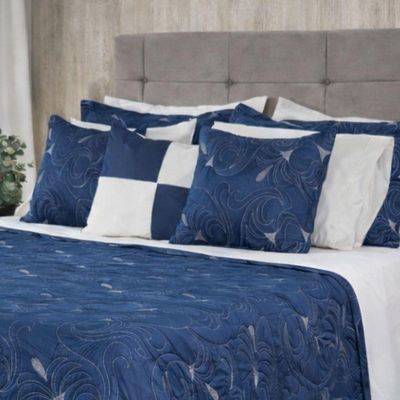 Kit Cobre Leito Colcha Diamante King 5 Peças Bordado Floral Dupla Face 180 Fios - Azul Marinho - 100% Poliéster