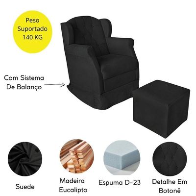 Kit Poltrona Amamentação Com Puff Confortável Serena Suede Preto