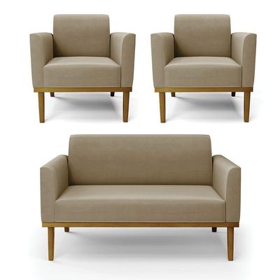 Sofá Namoradeira Com 2 Poltronas Base De Madeira Fixa Castanho Marisa Suede D03 - D?rossi Cor Marrom Rato