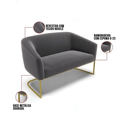 Sofá Namoradeira 2 Lugares Base Industrial Dourado Stella Bouclê D03 - D'rossi Cor Grafite