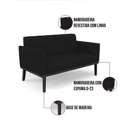 Sofá Namoradeira 2 Lugares Base De Madeira Preto Elisa Linho D03 - D'rossi Cor A79 Preto