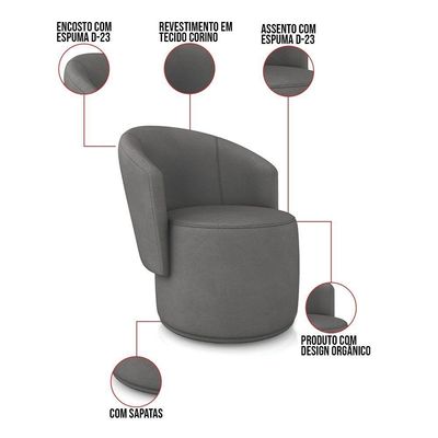 Sofá Namoradeira E Poltrona Orgânica Para Sala Malu Sintético Grafite M11 - D'rossi