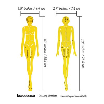 Kit 2 Moldes Traceease Figura Humana Feminina Frontal e Posterior para Ilustração, Estudos de Proporção e Apoio ao Desenho - Inkdotpot 25,4 Cm / Amarelo