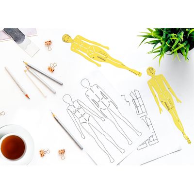 Kit 2 Moldes Traceease Figura Humana Feminina Frontal e Posterior para Ilustração, Estudos de Proporção e Apoio ao Desenho - Inkdotpot 25,4 Cm / Amarelo