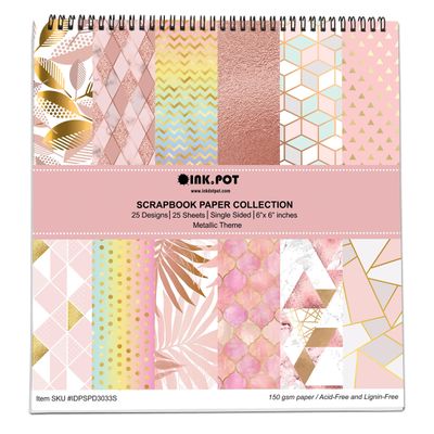 Bloco de 25 Folhas Scrapbook Texturizado Tema Pastéis Metálicos, Lado Único Colorido para Scrapbooking, DIY, Cartões e Diários - Inkdotpot 15,24 Cm × 15,24 Cm / Multicolorido
