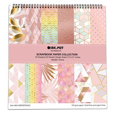 Bloco de 25 Folhas Scrapbook Texturizado Tema Pastéis Metálicos, Lado Único Colorido para Scrapbooking, DIY, Cartões e Diários - Inkdotpot 15,24 Cm × 15,24 Cm / Multicolorido