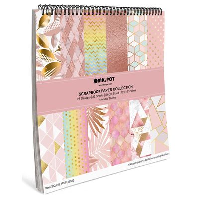 Bloco de 25 Folhas Scrapbook Texturizado Tema Pastéis Metálicos, Lado Único Colorido para Scrapbooking, DIY, Cartões e Diários - Inkdotpot 15,24 Cm × 15,24 Cm / Multicolorido