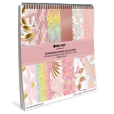 Bloco de 25 Folhas Scrapbook Texturizado Tema Pastéis Metálicos, Lado Único Colorido para Scrapbooking, DIY, Cartões e Diários - Inkdotpot 15,24 Cm × 15,24 Cm / Multicolorido