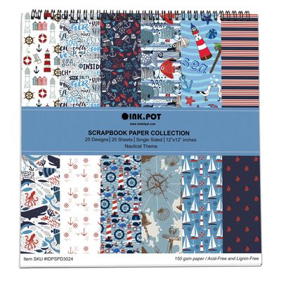 25 Folhas de Papel Scrapbook Textura Náutica, Lado Único, Cartão Colorido para Scrapbooking, DIY e Criação de Cartões - Inkdotpot 15,24 Cm × 15,24 Cm / Multicolorido