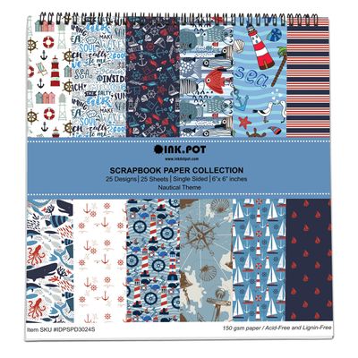 25 Folhas de Papel Scrapbook Textura Náutica, Lado Único, Cartão Colorido para Scrapbooking, DIY e Criação de Cartões - Inkdotpot 15,24 Cm × 15,24 Cm / Multicolorido