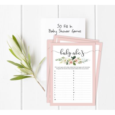 Pacote de 50, Coleção Chá de Bebê para Menina: Jogo ABC, Jogos Divertidos, Atividades e Decorações Tema Unicórnio - Inkdotpot 12,7 Cm × 17,78 Cm / Branco