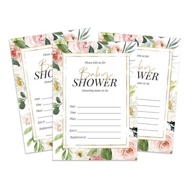 30 Cartões Florais Neutros para Chá de Bebê, para Preencher - Inkdotpot 5,08 Cm × 8,89 Cm / Branco - Sorteio de Fraldas