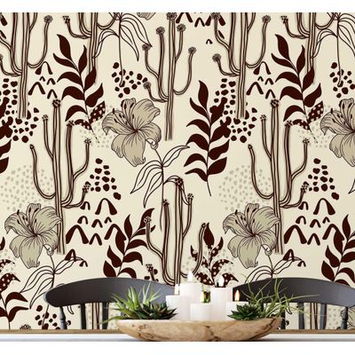 Papel de Parede Vinil Removível Adesivo, Floral Cactus Botânico Impermeável para Quartos, Salas e Armários - S4Sassy 63,5 cm (L) × 304,8 cm (C) / Marrom - Vinil Liso