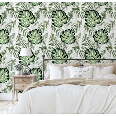 Papel de Parede Vinil Removível Monstera Jungle, Impermeável, Verde, para Quartos e Salas - S4Sassy 63,5 cm (L) × 304,8 cm (C) / Verde - Vinil Texturizado