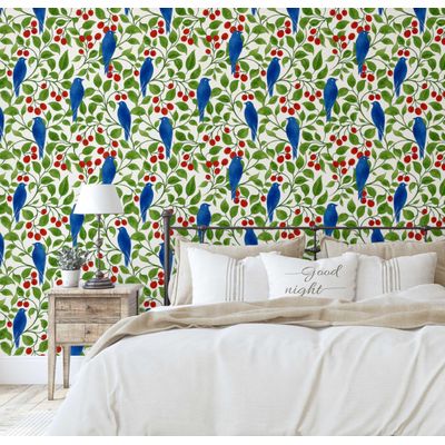Papel de Parede Adesivo Vinil Impermeável, Pássaros e Galhos de Cerejeira, para Paredes e Armários - Verde - S4Sassy 63,5 cm (L) × 914,4 cm (C) / Verde - Vinil Texturizado
