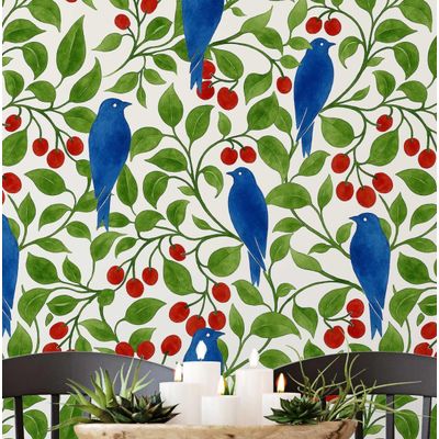 Papel de Parede Adesivo Vinil Impermeável, Pássaros e Galhos de Cerejeira, para Paredes e Armários - Verde - S4Sassy 63,5 cm (L) × 914,4 cm (C) / Verde - Vinil Texturizado