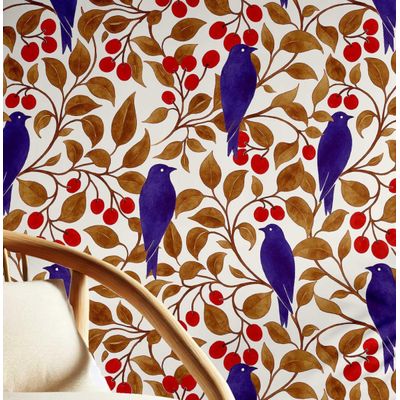 Papel Vinílico Autoadesivo Impermeável Removível com Pássaro e Galho de Cerejeira Marrom para Parede e Móveis - S4sassy 63,5 cm (L) × 304,8 cm (C) / Marrom - Vinil Texturizado