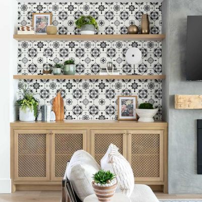Papel de Parede Adesivo Vinil, Azulejo Floral Vintage Impermeável para Cozinha e Backsplash - Cinza - S4Sassy 63,5 cm (L) × 152,4 cm (C) / Cinza - Vinil Liso