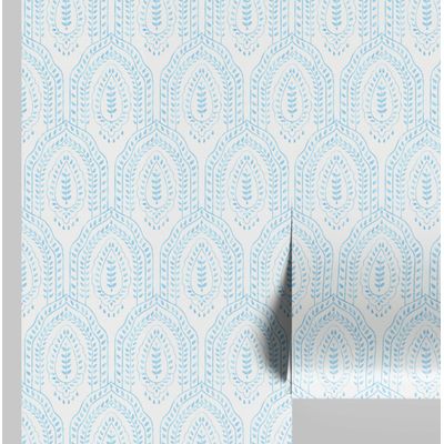 Papel de Parede Vinílico Removível, Paisley Folha Arqueada, Impermeável, Azul, para Quartos e Salas - S4Sassy 63,5 cm (L) × 914,4 cm (C) / Azul - Vinil Liso