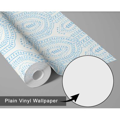 Papel de Parede Vinílico Removível, Paisley Folha Arqueada, Impermeável, Azul, para Quartos e Salas - S4Sassy 63,5 cm (L) × 914,4 cm (C) / Azul - Vinil Liso