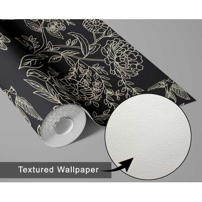 Papel de Parede Vinil Removível Floral Chic Preto, Impermeável para Quartos e Armários - S4Sassy 63,5 cm (L) × 152,4 cm (C) / Preto - Vinil Texturizado