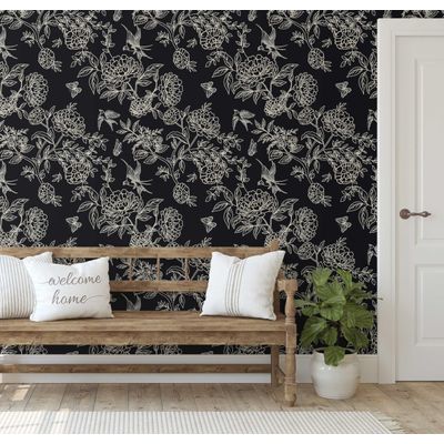 Papel de Parede Vinil Removível Floral Chic Preto, Impermeável para Quartos e Armários - S4Sassy 63,5 cm (L) × 152,4 cm (C) / Preto - Vinil Texturizado