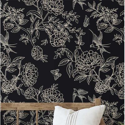 Papel de Parede Vinil Removível Floral Chic Preto, Impermeável para Quartos e Armários - S4Sassy 63,5 cm (L) × 152,4 cm (C) / Preto - Vinil Texturizado