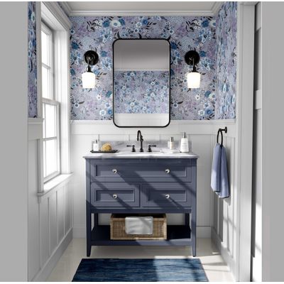 Papel de Parede Adesivo Vinil Floral Vintage Chique, Impermeável, Azul, para Quartos e Armários - S4Sassy 63,5 cm (L) × 304,8 cm (C) / Azul - Vinil Liso