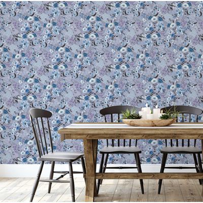 Papel de Parede Adesivo Vinil Floral Vintage Chique, Impermeável, Azul, para Quartos e Armários - S4Sassy 63,5 cm (L) × 304,8 cm (C) / Azul - Vinil Liso