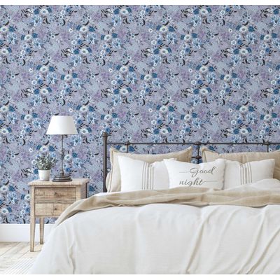 Papel de Parede Adesivo Vinil Floral Vintage Chique, Impermeável, Azul, para Quartos e Armários - S4Sassy 63,5 cm (L) × 304,8 cm (C) / Azul - Vinil Liso