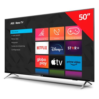 Smart TV AOC Roku TV 50" 4K UHD 4 HDMI 2 USB HDR10+ Dolby Vision Dolby Atmos, Airplay 2, Sem bordas