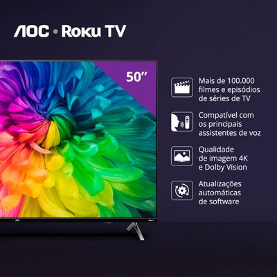 Smart TV AOC Roku TV 50" 4K UHD 4 HDMI 2 USB HDR10+ Dolby Vision Dolby Atmos, Airplay 2, Sem bordas