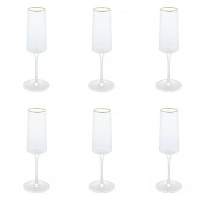 Conjunto De Taças De Cristal Martelado Com Fio De Ouro Para Espumante 6 Peças 300 Ml Petra Lyor