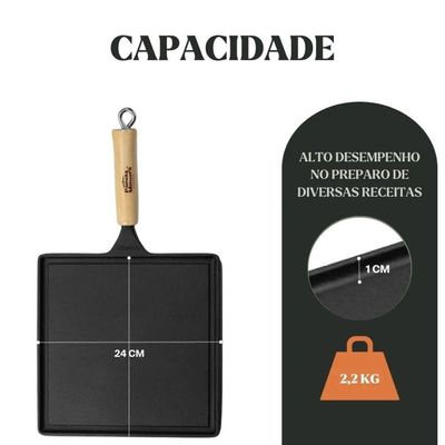 Bifeteira Lisa Quadrada Cabo De Madeira 24 Cm Em Ferro Fundido Panela Mineira