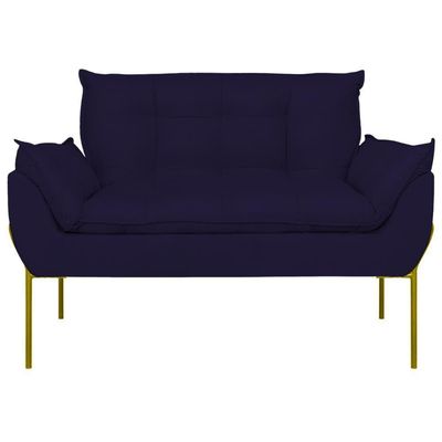 Sofá Namoradeira Base Metal Dourada Reforçada Tecido Suede Azul Marinho