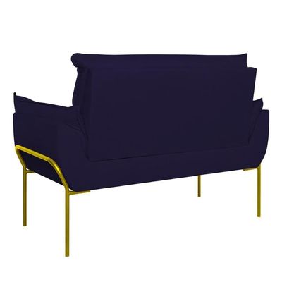 Sofá Namoradeira Base Metal Dourada Reforçada Tecido Suede Azul Marinho