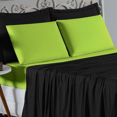 Jogo De Cama Queen Nobre 4 Peças Lençol Com Elástico De 30cm De Altura Malha 100% Algodão - Preto / Pistache