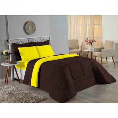 Kit Edredom Dupla Face + Jogo De Lençol Casal Viúva Nobre 6 Peças Malha 100% Algodão - Marrom / Amarelo