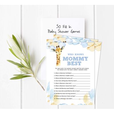 Conjunto de 50 Jogos para Chá de Bebê - Alfabeto ABC com Girafa e Animais da Selva - Inkdotpot 12,7 Cm × 17,78 Cm / Branco - Quiz da Mamãe