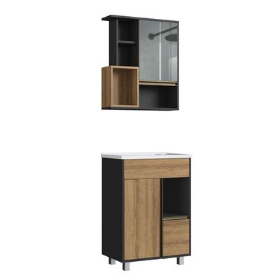 Gabinete De Banheiro 60cm Com Espelheira E Lavatório Grafite Mel