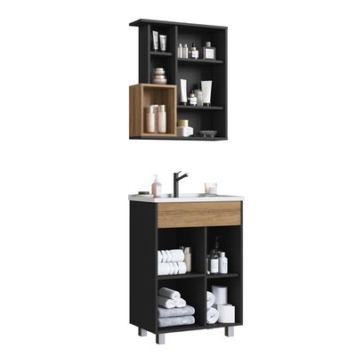 Gabinete De Banheiro 60cm Com Espelheira E Lavatório Grafite Mel