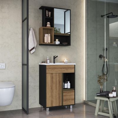 Gabinete De Banheiro 60cm Com Espelheira E Lavatório Grafite Mel