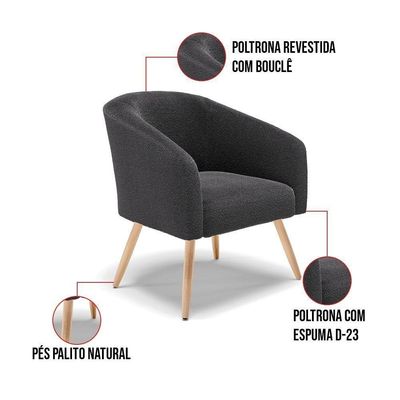 Kit 1 Sofá Namoradeira E 2 Poltronas Stella Bouclê Pés Palito Natural D'rossi Cor Grafite