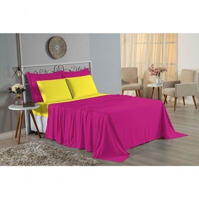 Jogo De Cama King Nobre 4 Peças Lençol Com Elástico De 30cm De Altura Malha 100% Algodão - Pink / Amarelo
